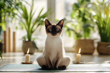 Peaceful Siamese Cat Meditating in Sunlit Room