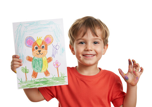 Creative kid showing colorful bear drawing artwork