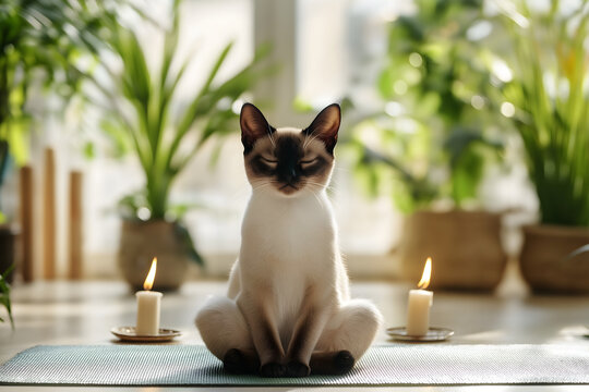 Peaceful Siamese Cat Meditating in Sunlit Room
