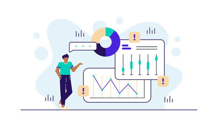 Man in teal shirt explaining charts and graphs, suitable for business presentations, financial reports, data analysis concepts, educational materials.