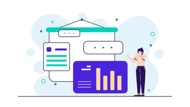 Woman presenting bar graph on whiteboard. Perfect for business presentations, financial reports, data analysis, educational materials, or marketing concepts.