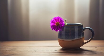 Cozy Morning Still Life &ndash; Ceramic Mug with Purple Flower on Wooden Table