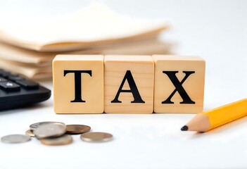 Generative AI depicting the word TAX on wooden blocks with calculator