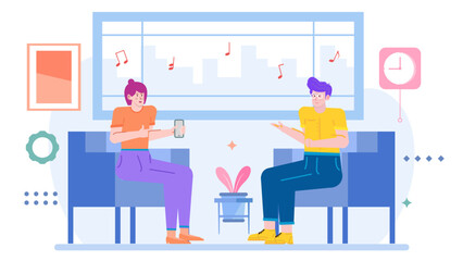 Two people chatting near a window with music notes; ideal for promoting music events, podcasts, or social gatherings.