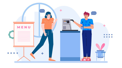 Two people chat near a coffee machine and menu board. Suitable for cafes, restaurants, and coffee shops marketing materials.