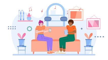 Two people engage in a casual conversation while using electronic devices on a couch. Suitable for illustrating modern social interaction.