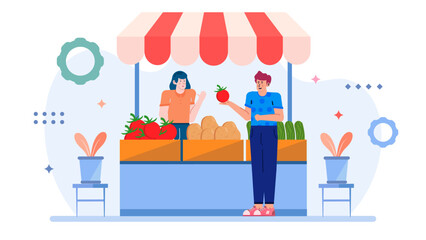 Two people buying fresh produce at a market stall. Suitable for food, grocery shopping, market, lifestyle, healthy eating concepts.