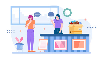 Two women discussing donating toys to charity, showing generosity, kindness, and volunteerism. Ideal for charity organizations, nonprofits, and volunteering concepts.