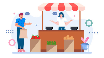 Farmers market customer browsing and purchasing colorful fruits and vegetables. Suitable for food blogs, agricultural businesses, and healthy lifestyle publications.