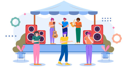 Band performing music under tent w/ large speakers. Suitable for event promotions, music festivals, live performances, entertainment industry designs.