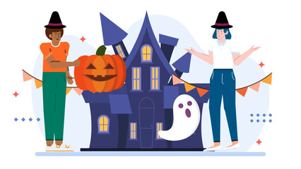 Two people enjoying Halloween night with a jack-o-lantern, ghost, and haunted house. Perfect for Halloween themed designs or party invitations.