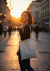 Fototapeta premium Tote Bag Mockup with Woman Walking Outdoors in Urban Area