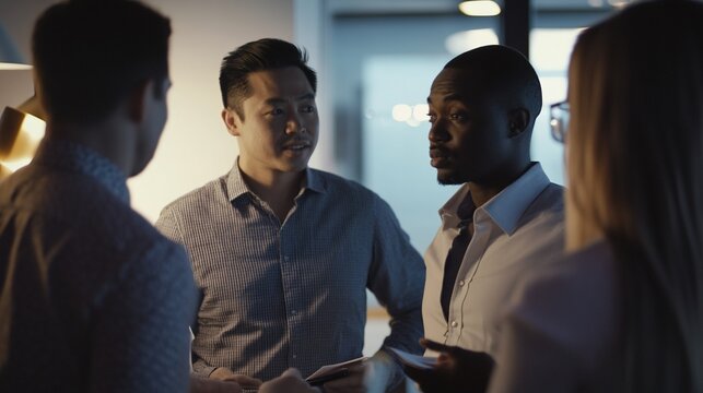 Four individuals engaged in a discussion indoors under artificial lighting during nighttime