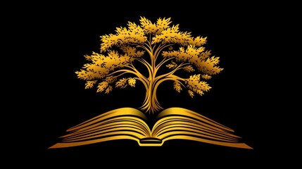 Golden tree growing from open book.