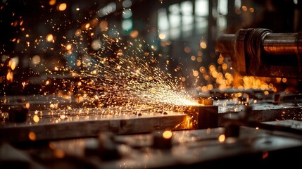 Industrial Metal Welding Sparks Fire Hot Orange Glowing Bright Intense Energy Production Factory Manufacturing Process Machine Steel Work Detailed Close Up Shot Heat Light Power   