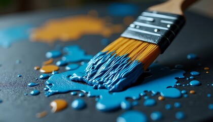 Fototapeta premium Close-up of paintbrush with blue paint spreading over dark surface with orange splashes