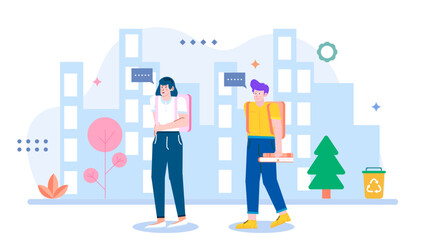 Two students with backpacks chat near city buildings. Suitable for educational or city life concepts in digital or print media.