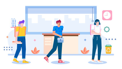 Three students with backpacks standing in a school hallway. Suitable for education or environmental themed designs. Student lifestyle, school environment, recycling awareness concept.