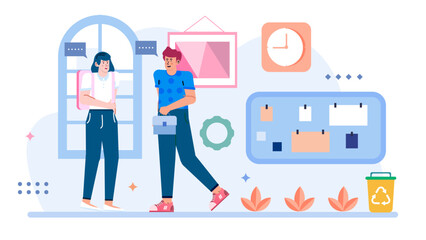 Two students having a conversation near a notice board and recycling bin. Suitable for university or school marketing materials.