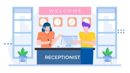 Receptionist assists hotel guest at front desk. Suitable for hospitality, customer service, front office, travel industry designs.