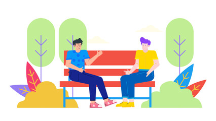 Two men chatting on a park bench, illustrating friendship, casual meetings, conversations, outdoor activities, connection, relaxation, urban lifestyle.
