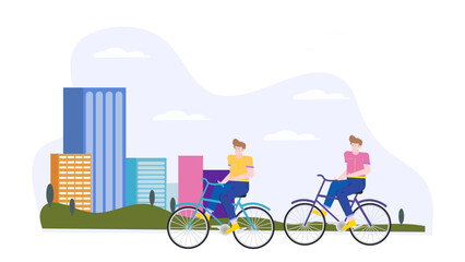 Two men ride bicycles near city skyline. Suitable for urban lifestyle articles, blog posts, and social media content related to cycling.