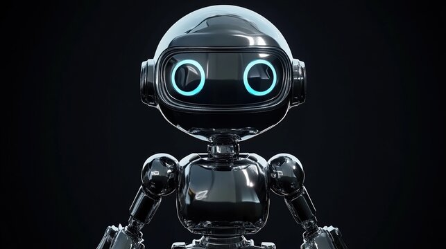 Sleek, dark robot with glowing blue eyes against a stark dark background