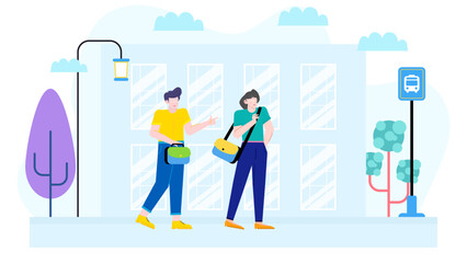 Two people wait at a bus stop near a building; ideal for transportation, urban life, commuting, waiting, public transportation concepts.