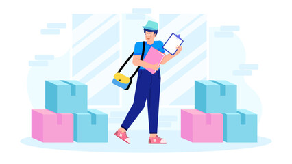 Delivery person with packages and paperwork near boxes, suitable for ecommerce, delivery services, logistics, and shipping related concepts.