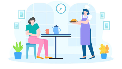 Chef serves a croissant to a woman at a small table. Suitable for restaurant menu design or hospitality industry marketing materials.