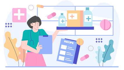 Female doctor displaying prescription, pills, and bottles. Suitable for medical websites, blogs, and articles related to healthcare, pharmacy, and medicine.