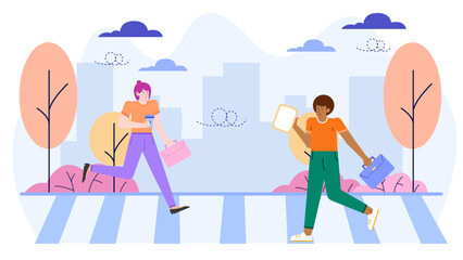 Two people crossing city street; perfect for urban lifestyle blogs, pedestrian safety campaigns, city themed designs, active lifestyle websites.
