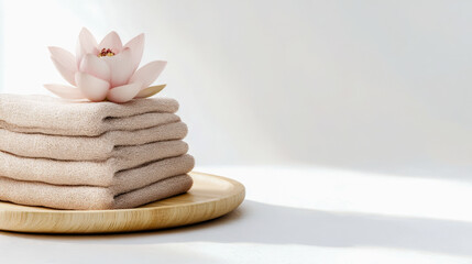Minimalist Spa Setting with Towels and Lotus Flower on Tray