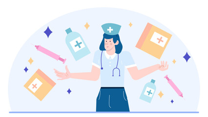 Nurse multitasking with medical supplies. Ideal for healthcare websites, medical blogs, and hospital marketing materials. Healthcare professional in action.