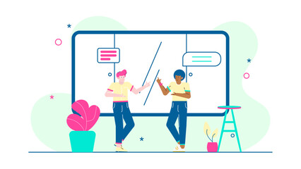Two businessmen generate ideas on whiteboard. Suitable for business presentations, teamwork concepts, brainstorming processes, creative thinking, modern office settings.