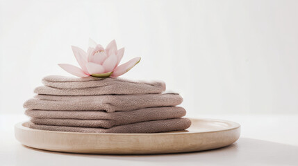 Minimalist Spa Setting with Towels and Lotus Flower on Tray