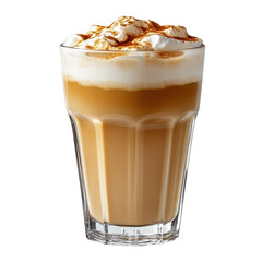 Iced latte with whipped cream and cinnamon powder drink in glass on black background beverage photography on transparent background