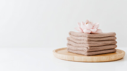 Minimalist Spa Setting with Towels and Lotus Flower on Tray