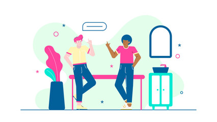 Two people talking by a stylish bathroom vanity in an illustration. Perfect for home decor blogs or interior design websites.