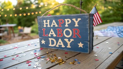 Happy labor day rustic sign with patriotic decorations on wooden table
