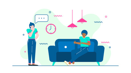 Two people having a discussion on a couch. Suitable for portraying conversations, relationships, communication, dialogue, home settings, and casual meetings.