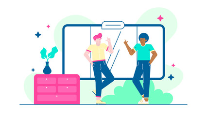 Two men standing next to a digital whiteboard in a casual setting. Suitable for tech presentations, business meetings, teamwork concepts.