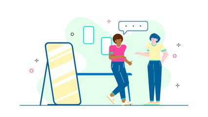 Two people conversing near a mirror and table. Suitable for interior design, communication concepts, and lifestyle illustrations.