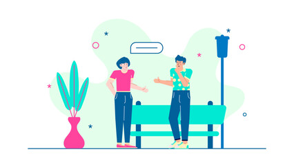 Two people conversing near a park bench; ideal for illustrating outdoor conversations, social interactions, friendship, counseling, or mentoring concepts.