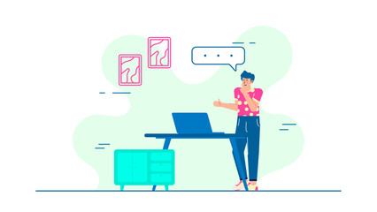 Man giving an online presentation by a desk and cabinet. Ideal for virtual meetings, eLearning, webinars, digital marketing concepts.