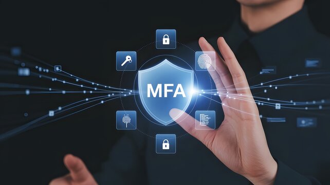 MFA, Multi-Factor Authentication Security Concept. Person touching virtual MFA shield icon with various security icons, representing multi factor authentication and digital identity protection.
