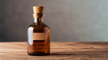 Vintage Amber Glass Bottle with Cork on Wooden Table and Copy Space
