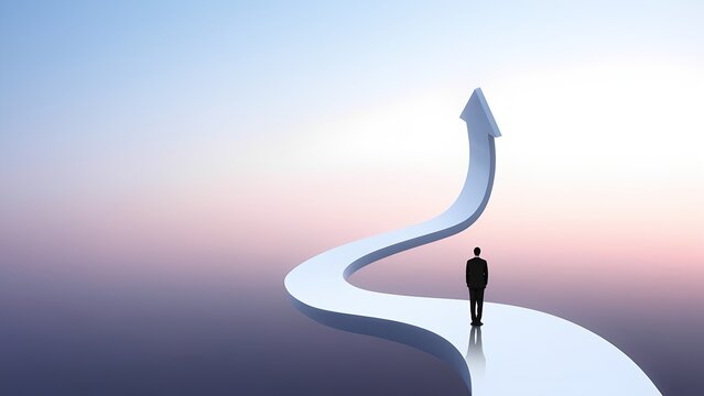 Man standing on curved path towards growth open landscape digital art inspirational mood wide viewpoint progress concept