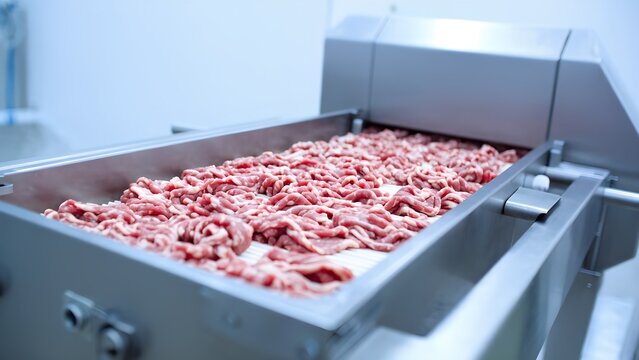 Meat processing event in industrial facility raw ground beef production clean environment close-up view food safety and quality