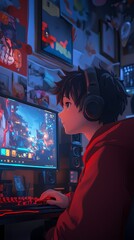 Fototapeta premium A young person engrossed in a video on a computer.